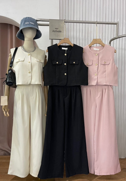 Casual Sleeveless Vest With Wide Trousers  Sets